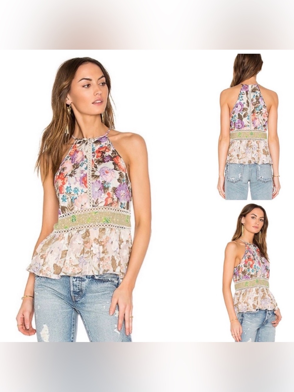 Rebecca Taylor pastel floral halter top sz 2 pink peplum Boho Casual Effortless